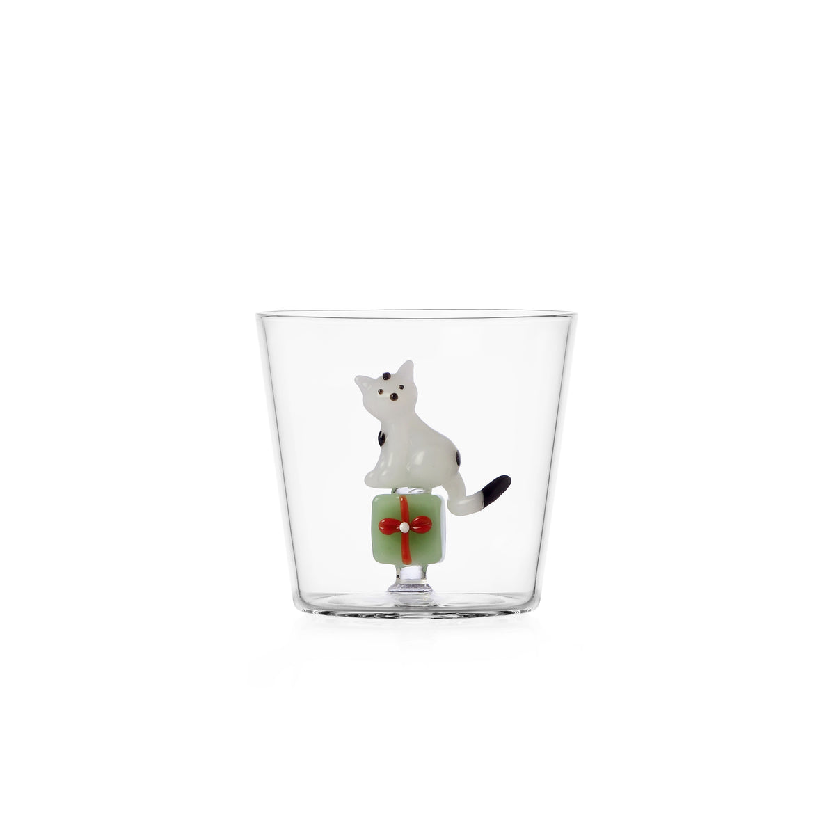 Verre à eau chat blanc avec cadeau vert  – Collection Tabby Catchristmas