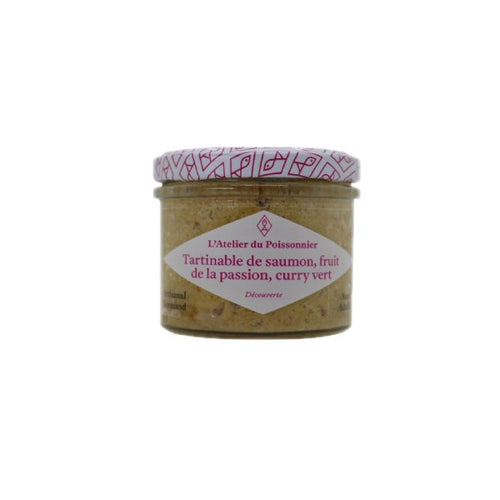 Rillettes de saumon, fruit de la passion, curry vert